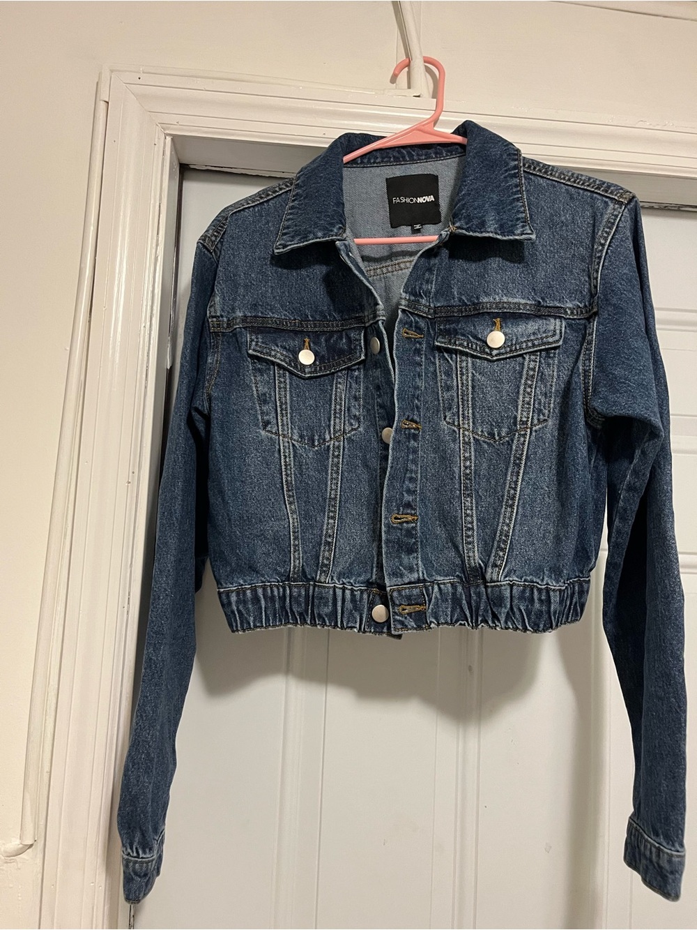 Fashion Nova Blue Cropped Denim Jacket with Elastic Hem